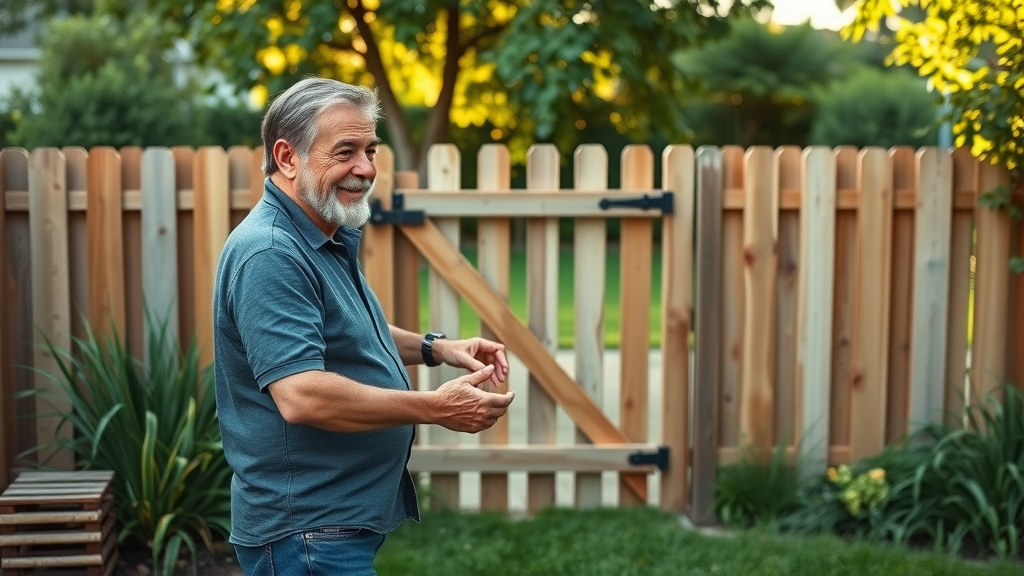 happy sacramento homeowner tests repaired backyard fence gate