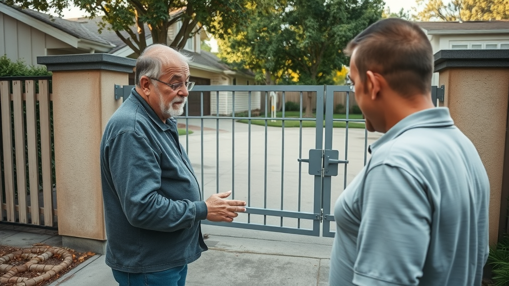 concerned homeowner inspecting malfunctioning automatic gate and sensors in Sacramento neighborhood
