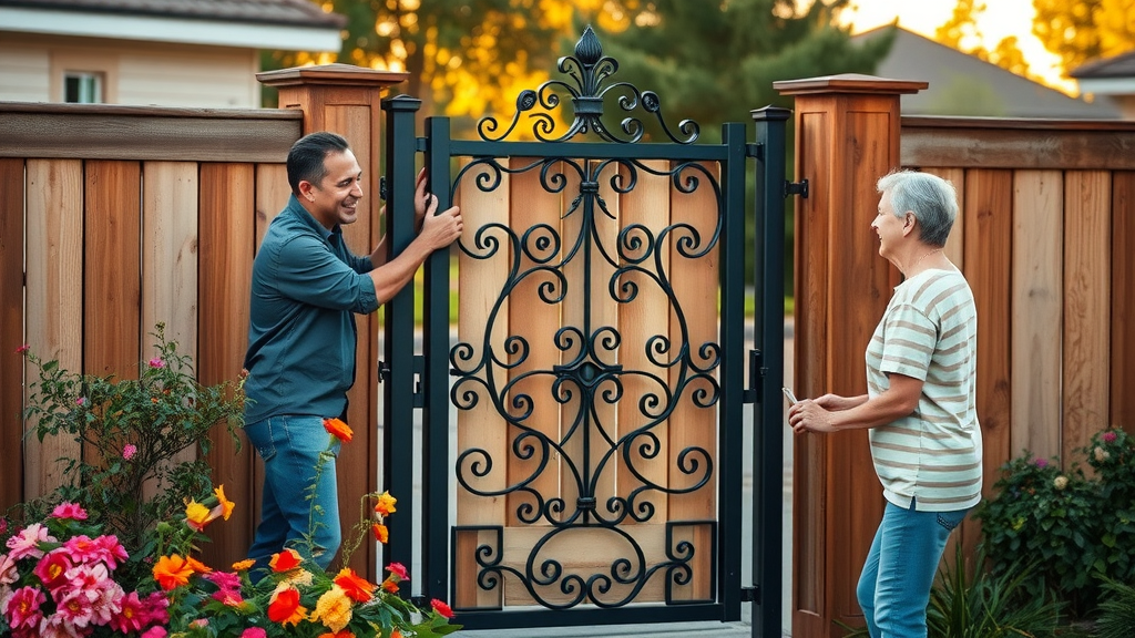 Custom gate installation by Roseville fence contractor, elegant wrought iron on wood fence