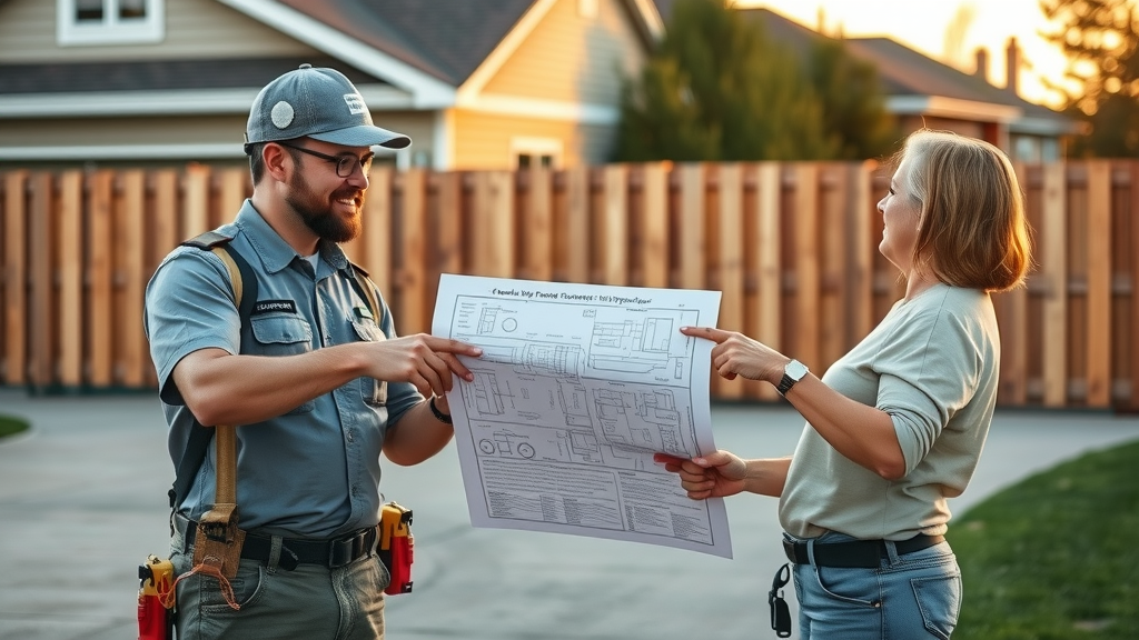 Trusted Roseville fence contractors discussing a vinyl fencing roseville blueprint with a homeowner for installation services.