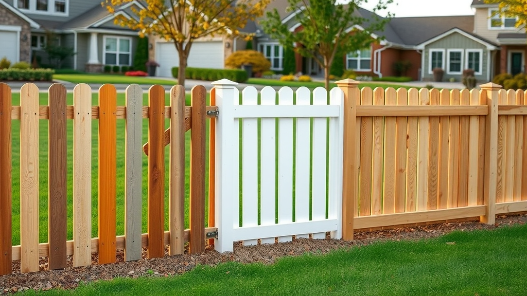 Variety of wood fence, vinyl fence, and chain link styles lined up for fence installation Roseville, detailed comparison