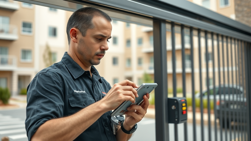 technician in uniform repairing sleek commercial sliding gate mechanism in Sacramento business complex