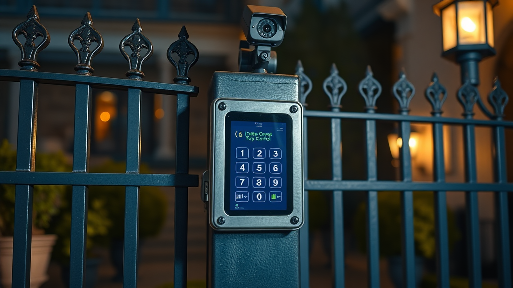 sleek smart keypad and security camera on wrought iron gate with night lighting in Sacramento, illustrating gate repair services Sacramento upgrades