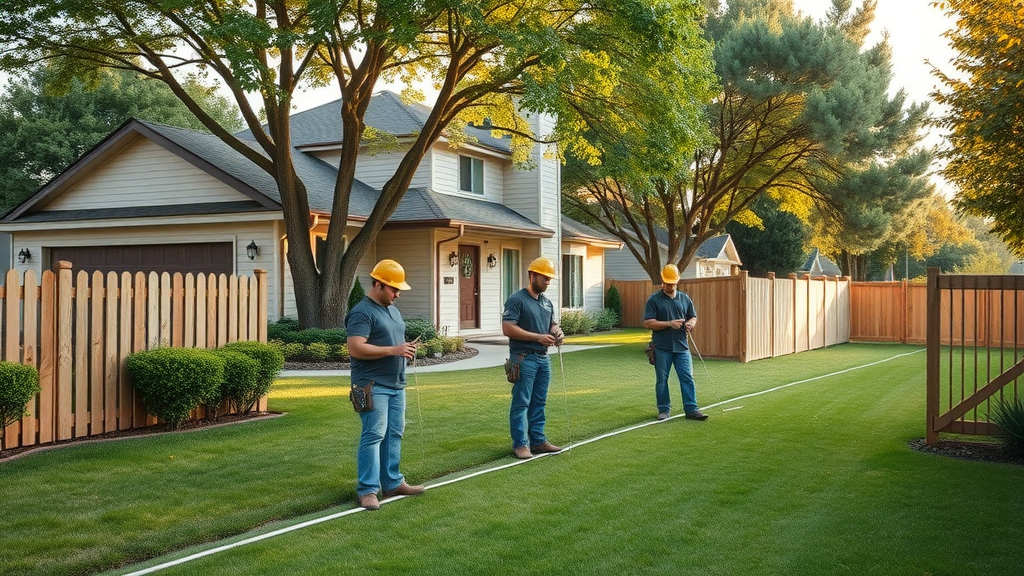 Experienced fencing crew measuring property lines for fence installation Roseville, vibrant suburban home, highly detailed photography