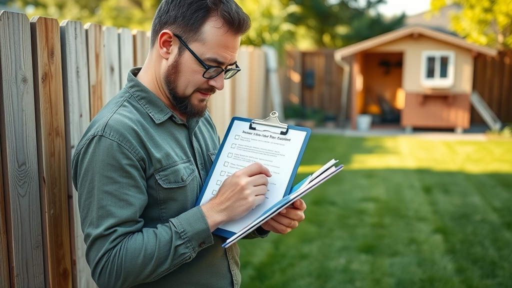 Sacramento homeowner inspecting wood fence and filling seasonal maintenance checklist, fence maintenance sacramento