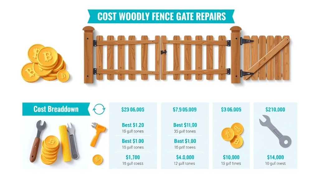 infographic showing cost breakdown of wooden fence gate repairs, including icons of coins, tools, and wooden gates, highlighting common home improvement themes.