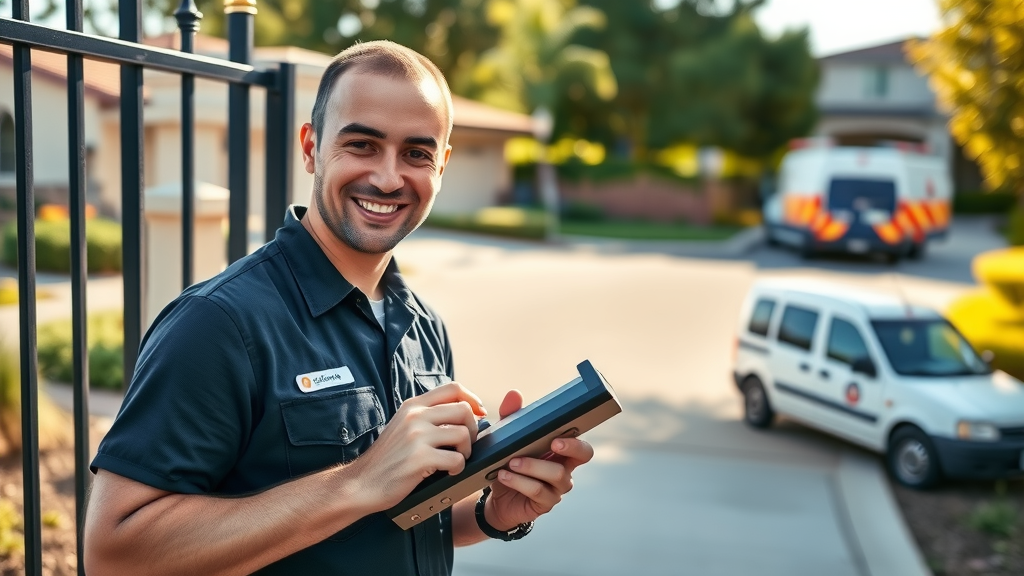 Professional technician in branded uniform inspecting an iron gate at a Sacramento property, confident, metal gate repair sacramento, branded service van in background