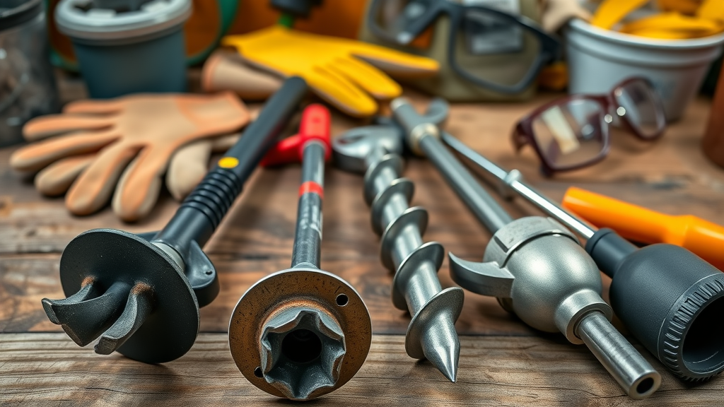 essential landscaping post hole drilling tools, posthole digger, earth auger, steel post driver, garden shed, garden tool arrangement for digging post holes, highly detailed
