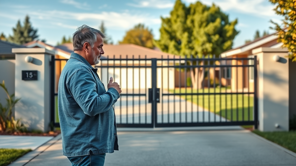 modern residential driveway with secure automatic gate inspected by confident homeowner in Sacramento suburb