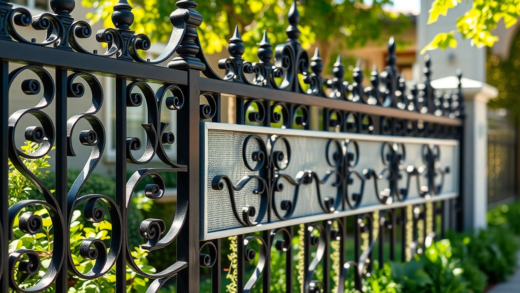 ornate ornamental iron and decorative aluminum fence with detailed scrollwork at luxury Roseville home