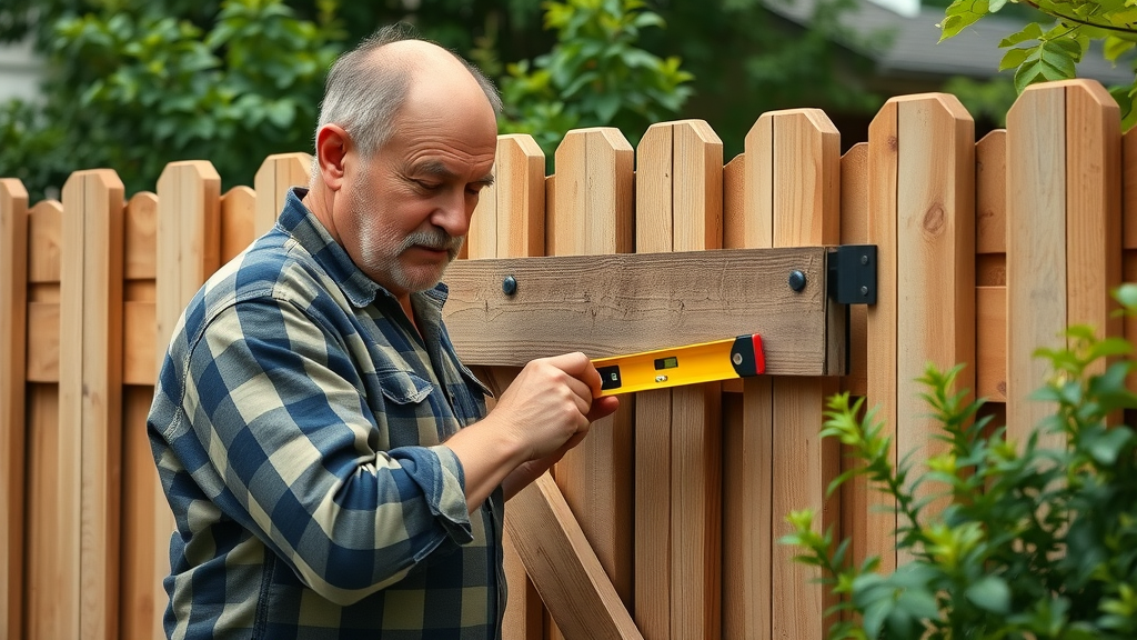 experienced handyman adjusting a wooden fence gate for sagging gate repair with a carpenter’s level, restoring alignment through professional techniques used in wooden fence gate repair.
