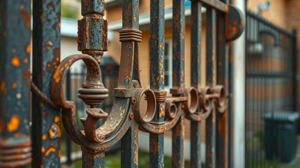 Close-up of a wrought iron gate with visible rust patches, neglected condition, metal gate repair sacramento, flakes of rust falling, urban residential environment