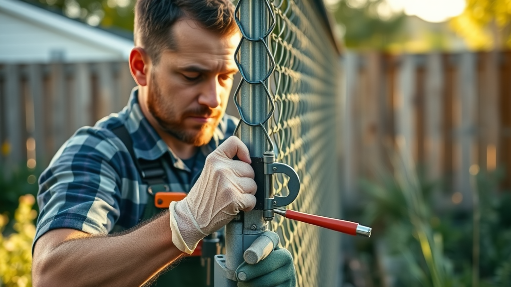professional worker tightening a hinge and aligning a residential chain link fence gate