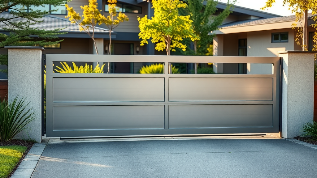 professionally installed automatic driveway gate operating smoothly at modern Sacramento home, featuring lush landscaping and metal finish for gate repair services Sacramento