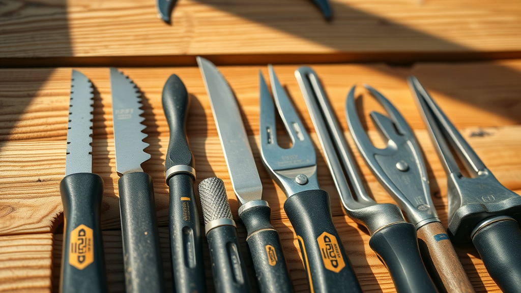 Organized set of essential fence repair tools for Roseville homeowners, neat arrangement on wooden surface with daylight