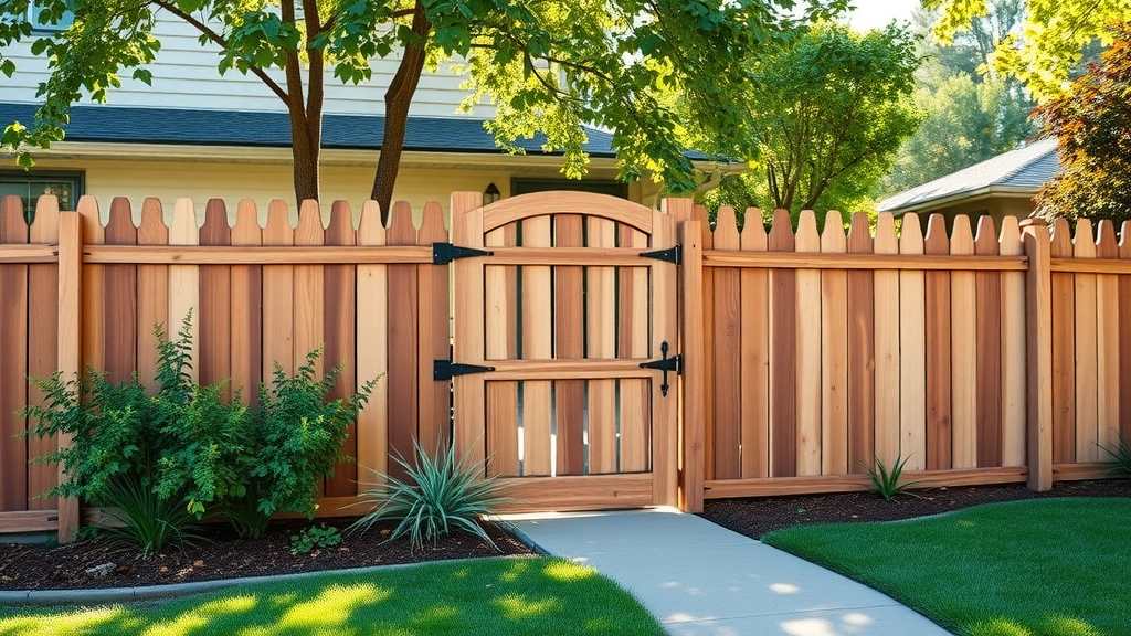 Newly installed wood and vinyl fence at Roseville suburban home, vibrant garden, sunlight highlights, lush landscaping, roseville fence installation