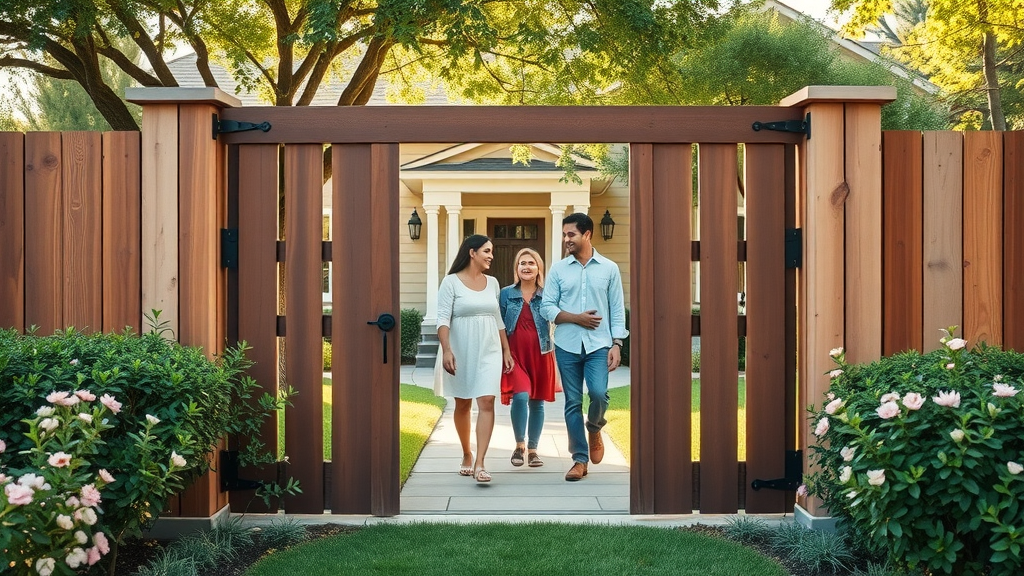 Secure wooden fence gate installation Sacramento, suburban home with lush yard and family entering, trusted fence company in background