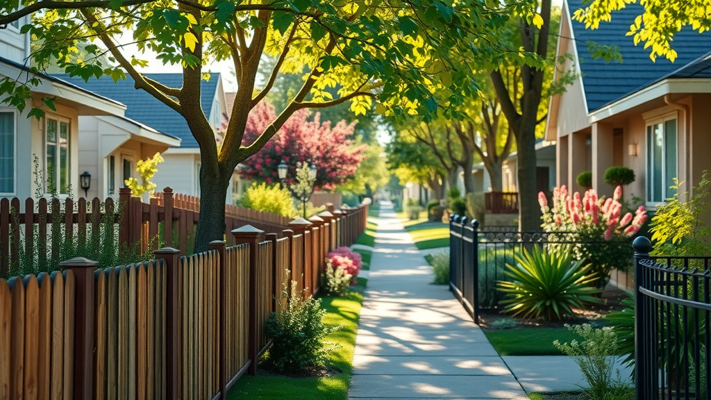 Vivid residential Sacramento neighborhood with well-maintained wooden and iron fences, fence maintenance sacramento