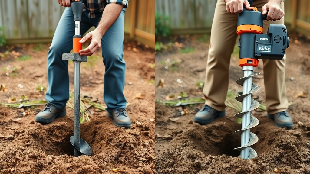contrasting manual post hole digger and power earth auger, backyard soil, power planter and garden tool comparison for landscaping post hole drilling, highly detailed