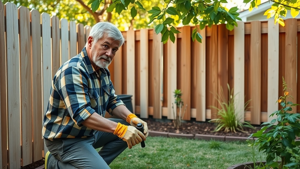 Homeowner inspecting and cleaning privacy fence panels for maintenance | fence repair roseville
