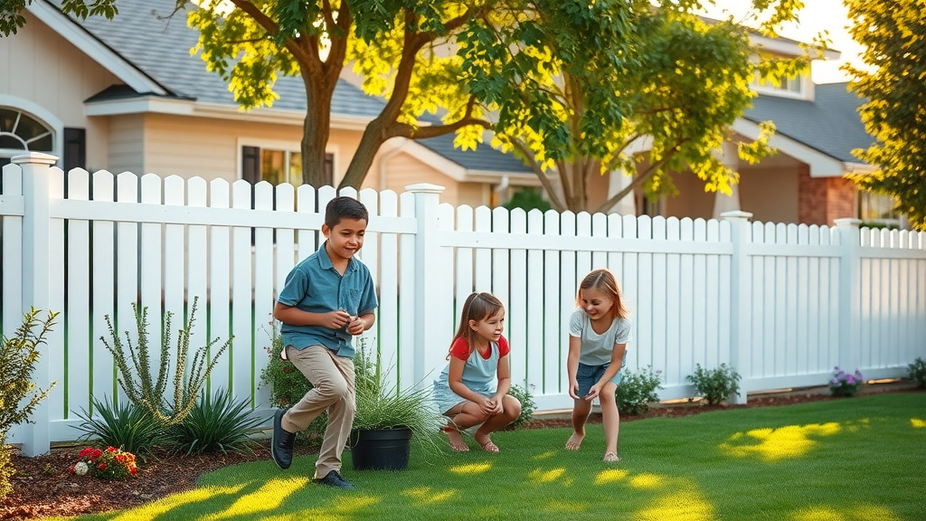 Inviting suburban Roseville home featuring a pristine white vinyl fence and a content family in the yard enjoying durable vinyl fencing roseville.