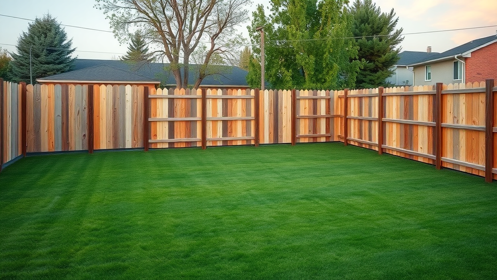 Fenced Roseville backyard, wood, vinyl, aluminum, chain link together, organized lawn, different fence styles, natural colors, evening lighting