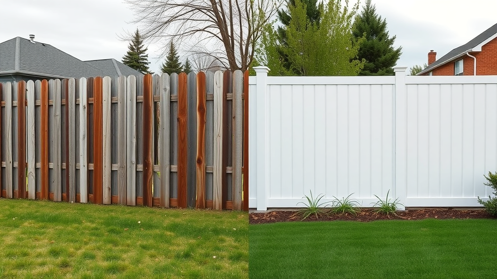 Side-by-side comparison of classic wood fence and modern vinyl fence in Roseville, chain link and wood fencing alternative options.