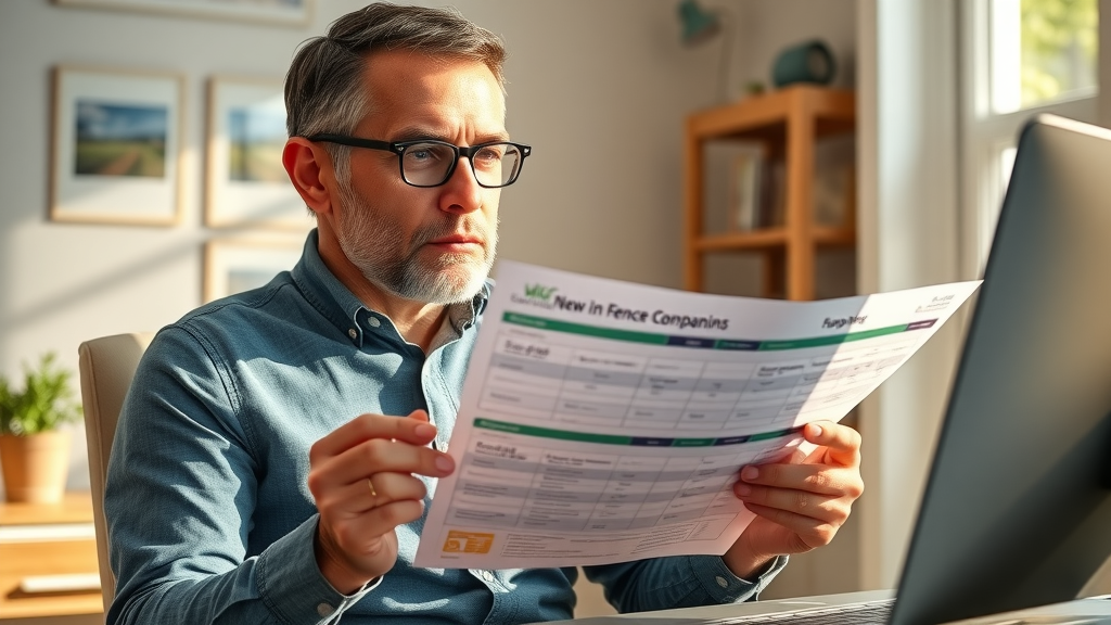 Homeowner reviewing fence company charts and brochures in home office | roseville fence company