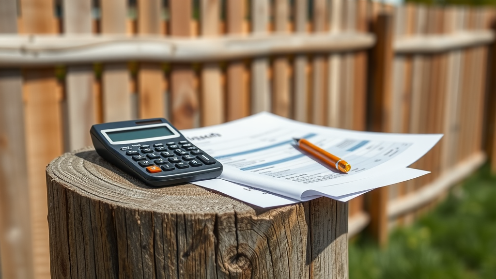 Calculator and paperwork on wooden fence post, budgeting wood fence installation Roseville, financial planning setup, natural lighting, measurement tools