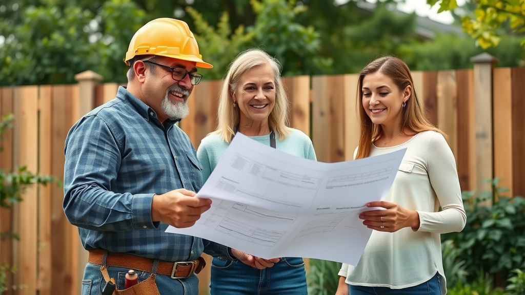 Professional fence contractor Roseville consulting homeowners, reviewing blueprints outdoors, highly detailed, fence plans, natural wood and earth tones, balanced daylight
