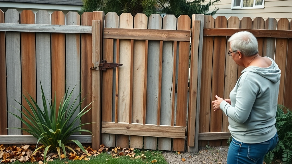 Damaged sagging wood fence gate with rusted latch in Sacramento backyard, homeowner inspecting, drought-resistant plants, shows need for fence gate repair Sacramento