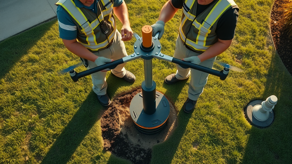 Affordable post hole drilling Sacramento experts using professional auger near underground utility markers in a suburban yard