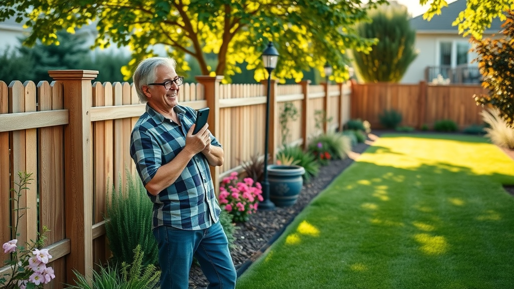lush residential garden, happy homeowner inspecting straight, recently installed fence posts, professional landscaping post hole drilling results, vibrant backyard with blooming flowers, neat green lawn, sunlight, highly detailed