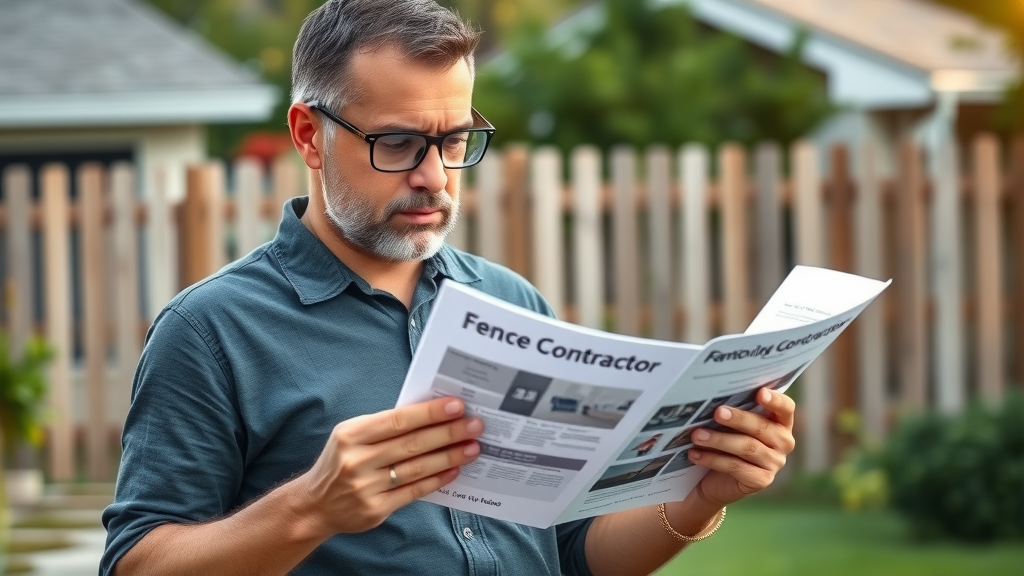 Homeowner reviewing fence contractor portfolios in Roseville, suburban front yard with visible wood and vinyl fences, demonstrating careful contractor selection process