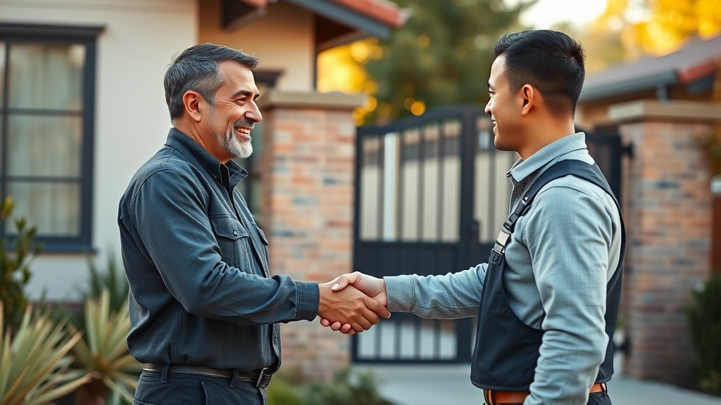 customer shaking hands with automatic gate repair technician after inspection outside modern Sacramento home