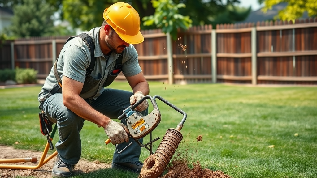Professional fencing crew operating post hole digger Sacramento backyard residential post hole drilling sacramento