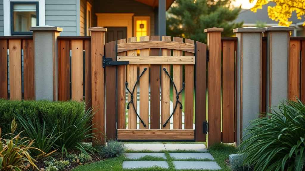 freshly repaired wood and metal residential fence gate increasing curb appeal of a modern home